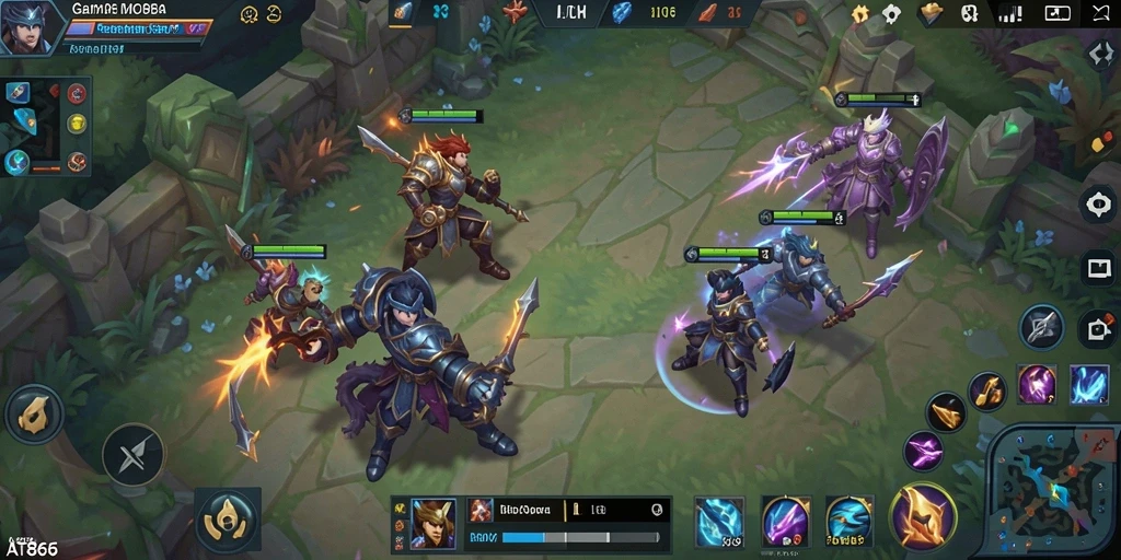 Screenshot gameplay seru AT866 dengan pertarungan antar hero.