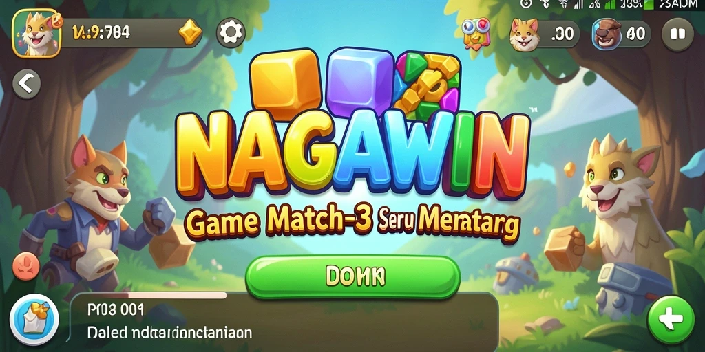 Tangkapan layar gameplay NAGAWIN dengan suasana Match-3 yang ceria.